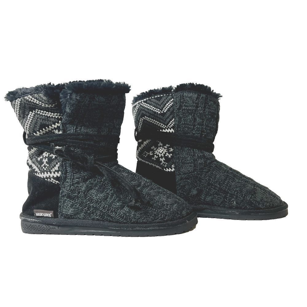 Mukluks Cable Knit Weave Black Fabric Boot Womens 9 Mid Calf Pull On Flat Bootie